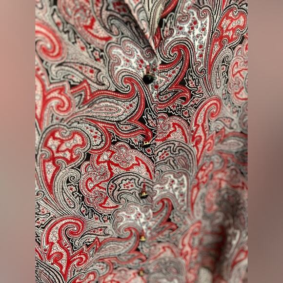 St. John Collection Red Paisley Print Silk Collared Button Up Blouse Size 10 - Picture 5 of 9